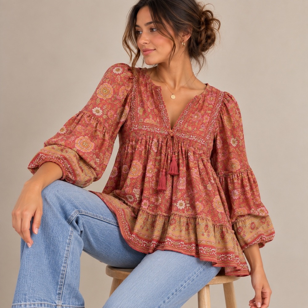 Rachel Zoe Solaria Floral Tunic Blouse Viscose Boho Peasant Top Coral Pink M